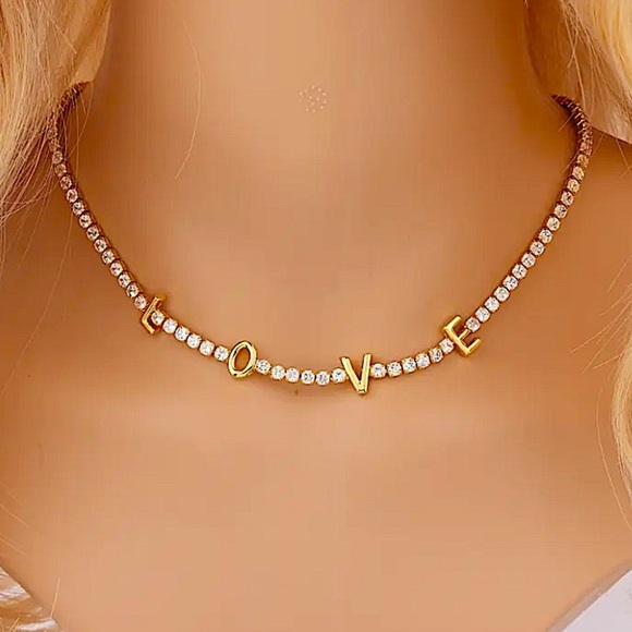Gold Cubic Zircon Love Letter Choker Tennis Minimalist - Picture 1 of 7